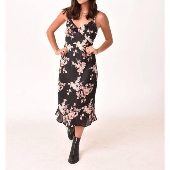 GILLI floral midi dress in black and blush Size Large Satin Silky - Picture 1 of 7